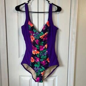 Vintage 80s The‎ Slim Suit Womens size 16 Purple Floral Swimsuit swim wear